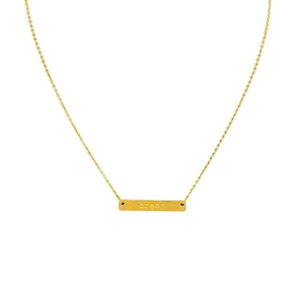 Jook and Nona Engraved Dream Bar Pendant Chain Necklace Gold Tone Classy
